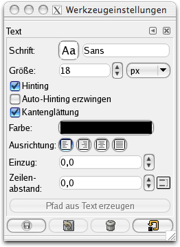 Eigenschaften für das Werkzeug Text